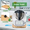 A kitchen appliance with a wooden board accessory, shown with illustrative graphics and text. Voir les images du produit