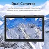 A tablet displaying a snowy mountain landscape, with text overlay about dual cameras. Produktbild-Vorschau