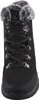 A close-up, front view of a black Skechers boot with faux fur trim and black laces. Voir les images du produit