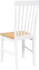 A white wooden chair with a light wood seat is shown from the side against a white background. Produktbild-Vorschau