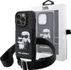 A black Karl Lagerfeld Saffiano Crossbody case for iPhone 14 Pro, featuring Karl Lagerfeld and Choupette characters, is displayed alongside its packaging. Produktbild-Vorschau
