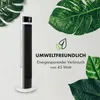 A vertical fan is shown against a white background, surrounded by large green leaves. Text overlay highlights environmental friendliness and energy efficiency. Produktbild-Vorschau