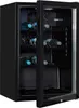 A black mini-fridge with glass doors and shelves, stocked with several bottles of water. Náhled obrázku produktu