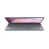 A gray Lenovo IdeaPad Slim 3 laptop is shown from a front-facing, slightly elevated angle, with the screen open and displaying a colorful abstract wallpaper. The keyboard is visible. Produktbild-Vorschau