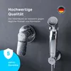 A close-up shot of a chrome bidet faucet and hand shower against a dark gray background, with text overlays highlighting quality and warranty. Produktbild-Vorschau