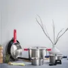A collection of stainless steel pots and pans with red handles, arranged on a countertop against a light gray wall. A vase with branches is in the background. Voir les images du produit