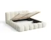 A beige upholstered bed frame with its storage mechanism open, revealing the slatted base and storage compartment. Voir les images du produit