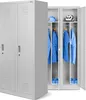 A gray metal locker with two compartments, one open showing clothes and shoes inside. Podgląd zdjęcia produktu