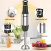 A product image of an immersion blender with accompanying feature callouts and a background scene of a kitchen counter with vegetables. Produktbild-Vorschau