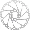 A silver bicycle brake disc with a 6-hole mounting system, presented on a white background. Produktbild-Vorschau