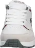 A close-up, front-facing view of a white SKECHERS sneaker. Voir les images du produit
