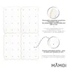 Marketing image showing four white climbing wall panels with small dots, accompanied by text descriptions and close-up insets of the wood grain and laminated surface. Náhled obrázku produktu