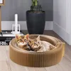 Two kittens are resting in a round, corrugated cardboard cat bed. In the background, there is a tall black planter with a plant, a white candle in a holder, and some books. Produktbild-Vorschau