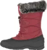 A side view of a single red winter boot with black sole and gray faux fur trim. Produktbild-Vorschau
