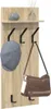 A wall-mounted coat rack with a shelf, a hat, and a bag hanging on it. Náhled obrázku produktu