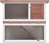 A two-tiered wooden rabbit hutch with wire mesh fronts and a small wooden door on the upper level. Anteprima dell’immagine prodotto