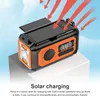 A solar-powered radio device is shown with red arrows indicating solar charging. Podgląd zdjęcia produktu