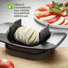 A cheese slicer with sliced mozzarella cheese in it, and a Caprese salad in the background. Produktbild-Vorschau