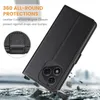 A black flip case for a smartphone is shown at an angle, with text describing its protective features. Produktbild-Vorschau