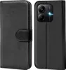 A black flip case for a smartphone is shown open, revealing the phone's camera module. Produktbild-Vorschau