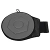 A round, gray seat cushion with a hexagonal pattern and a black strap is shown against a white background. Produktbild-Vorschau