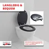 A toilet with a black toilet seat is shown, with text overlays highlighting features and brand. Produktbild-Vorschau