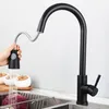 A hand is holding a black kitchen faucet spray head, with water spraying into a sink containing a red cabbage. Produktbild-Vorschau