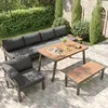 A patio setting with a sectional sofa, armchair, dining table with drinks, and a bench. Podgląd zdjęcia produktu