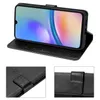 A black flip case for a smartphone is shown open, displaying the phone's screen. Two close-up insets show details of the case's texture and clasp. Produktbild-Vorschau