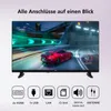 A television screen displaying a racing game, with icons and text below detailing the TV's connections. Produktbild-Vorschau