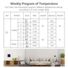 A table showing a weekly temperature program for a thermostat, with a living room scene below. Podgląd zdjęcia produktu