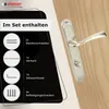 A door handle set and its included components are displayed against a wooden door background. Produktbild-Vorschau