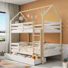 A child's bunk bed with a house-shaped frame, decorated with a banner of flags, is shown in a bedroom setting. Anteprima dell’immagine prodotto