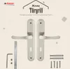 A product image showcasing door handles and their accessories, with marketing text and branding. Produktbild-Vorschau