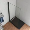 A modern bathroom shower enclosure with a black frame and clear glass, set against white tiled walls and a wooden floor. Produktbild-Vorschau