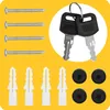 A collection of hardware items including screws, wall plugs, keys, and rubber caps arranged on a yellow background. Produktbild-Vorschau