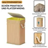 A bamboo laundry hamper with its lid open, shown with descriptive text and close-up images of its features. Voir les images du produit