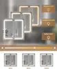 A composite image showcasing a bathroom mirror cabinet with integrated LED lighting, demonstrating different light temperatures and brightness levels. Voir les images du produit
