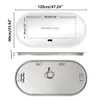 Diagrams showing the dimensions and features of an oval LED bathroom mirror. Podgląd zdjęcia produktu