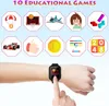 A hand wearing a smartwatch is shown in the foreground, with a collage of 10 educational game icons in the background. Produktbild-Vorschau