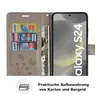 A wallet-style phone case with cards and cash inserted, next to a smartphone displaying the 'Galaxy S24' logo. Produktbild-Vorschau