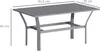A dark gray metal table with a slatted top and curved legs, shown from a slightly elevated side angle with dimensions indicated. Náhled obrázku produktu