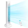 A white tower fan is shown with a remote control and blue air flow graphics. Produktbild-Vorschau