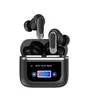 A pair of black wireless earbuds and their charging case are displayed against a white background. The charging case has a small LED screen showing battery levels and playback controls. Produktbild-Vorschau
