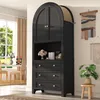 A black arched cabinet with gold hardware, displayed in a room with a dining table and chairs visible through a window. A plant and wall hangings are also present. Voir les images du produit