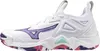 A side view of a single white volleyball shoe with purple and teal accents and a multi-colored sole. Anteprima dell’immagine prodotto