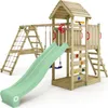 A wooden playground set with a slide, swings, climbing wall, and sandpit, presented against a white background. Náhľad obrázku produktu