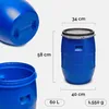 Multiple views of a blue plastic barrel with dimensions and capacity indicated. Produktbild-Vorschau
