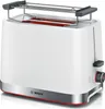 A white Bosch toaster with a chrome base and a red accent strip. It has a warming rack on top and a dial and button on the side. Produktbild-Vorschau