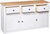 A white sideboard with a wooden top, featuring three drawers and three cabinets. Náhľad obrázku produktu